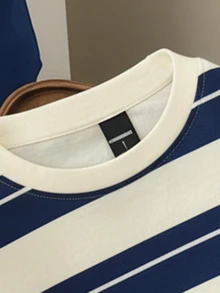 Manfinity Joysei Camiseta de manga corta y cuello redondo casual a rayas para hombres, versátil para uso diario - Azul - Ver 6