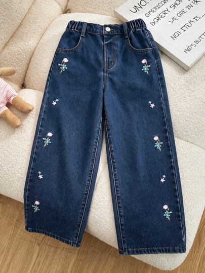 SHEIN Mädchen Herbst/Winter Blumenbestickte Gerade Bein Lose Passform Eng anliegende Jeans, Bequemer Premium Baumwoll Denim, Weicher Baumwollstoff, Geeignet für den täglichen Gebrauch, Urlaub, Schule, Pendeln