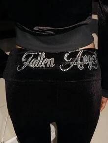 Sydney Algeri Y2K Velvet Rhinestone Graphic Cropped Hoodie & Low-Rise Flare Pant2 Piecesce Set For Women - Black - View 6