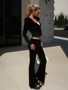 Sydney Algeri Y2K Velvet Rhinestone Graphic Cropped Hoodie & Low-Rise Flare Pant2 Piecesce Set For Women - Black - View 4