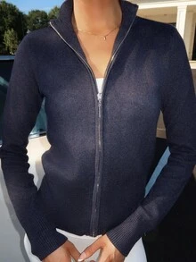 Sydney Algeri Knit Funnel Neck Marl Zip Through Cardigan Only Winter Loungewear Cosy Work Cute Elegant Casual Chic Spring - Navy Blue - View 5
