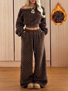 SHEIN EZwear 秋冬咖啡色波點抓絨衛衣與抽繩腰長褲兩件套 - 咖啡棕 - 查看 8
