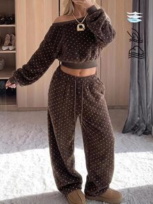 SHEIN EZwear 秋冬咖啡色波點抓絨衛衣與抽繩腰長褲兩件套 - 咖啡棕 - 查看 1