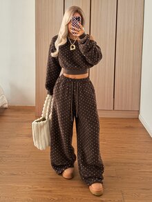 SHEIN EZwear 秋冬咖啡色波點抓絨衛衣與抽繩腰長褲兩件套 - 咖啡棕 - 查看 4