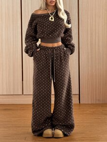 SHEIN EZwear 秋冬咖啡色波點抓絨衛衣與抽繩腰長褲兩件套 - 咖啡棕 - 查看 7
