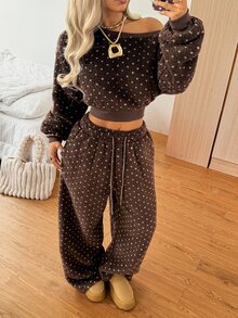 SHEIN EZwear 秋冬咖啡色波點抓絨衛衣與抽繩腰長褲兩件套 - 咖啡棕 - 查看 6