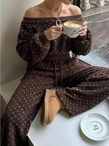 SHEIN EZwear 秋冬咖啡色波點抓絨衛衣與抽繩腰長褲兩件套 - 咖啡棕 - 查看 9