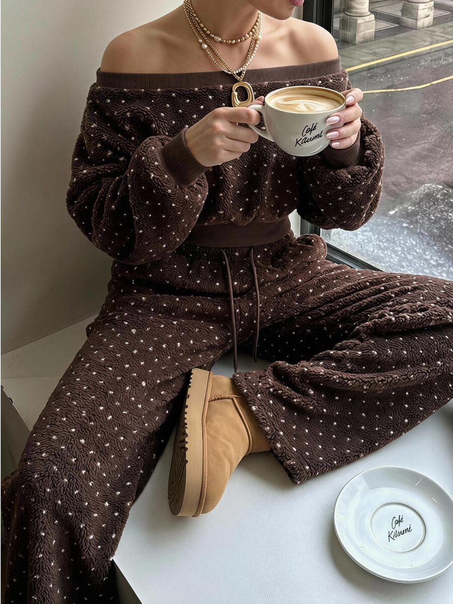 SHEIN EZwear Autumn/Winter Coffee Color Polka Dot Fleece Sweatshirt And Drawstring Waist Long Pants 2 Pieces Set - Coffee Brown - View 1