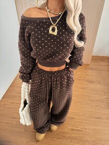 SHEIN EZwear 秋冬咖啡色波點抓絨衛衣與抽繩腰長褲兩件套 - 咖啡棕 - 查看 3