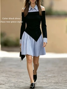 Franclia Spring/Summer Autumn/Winter Black And White Ribbed Ribbed Patchwork 2 In 1 Short Dress, Open Shoulder A-Line Hem Dress School Bohemian Casual Luxury - Black - View 4
