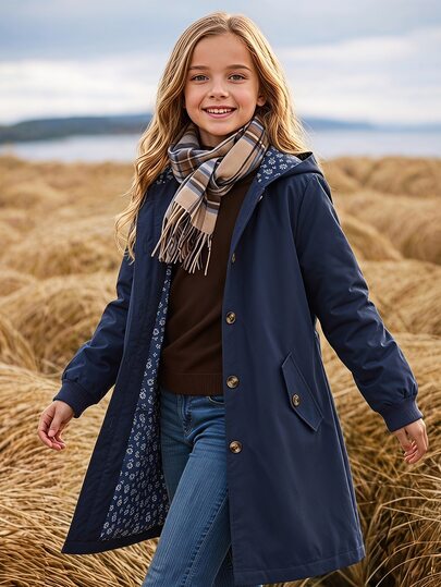 SHEIN Vintaside Kids Tween Girls Navy Blue Hooded Jacket For Zip Up Autumn,Casual School Fashion Woven Single-Breasted Solid Color Long Sleeve Floral Lining Decorative