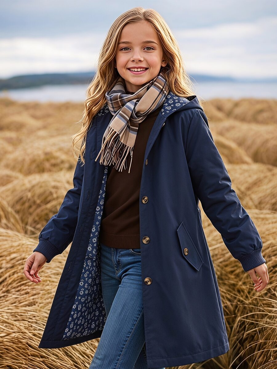 SHEIN Vintaside Kids 女童休闲时尚梭织纯色长袖连帽单排扣装饰口袋满印花卉衬里韩版百搭夹克