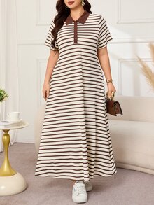 Lacomfia Gaun Panjang Wanita Ukuran Besar Kasual Elegan Model A-Line dengan Kerah, Lengan Pendek, Tekstur Rajut, Bergaris, dan Patchwork - Aprikot - View 4