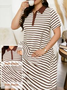 Lacomfia Gaun Panjang Wanita Ukuran Besar Kasual Elegan Model A-Line dengan Kerah, Lengan Pendek, Tekstur Rajut, Bergaris, dan Patchwork - Aprikot - View 1