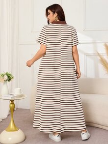 Lacomfia Gaun Panjang Wanita Ukuran Besar Kasual Elegan Model A-Line dengan Kerah, Lengan Pendek, Tekstur Rajut, Bergaris, dan Patchwork - Aprikot - View 2