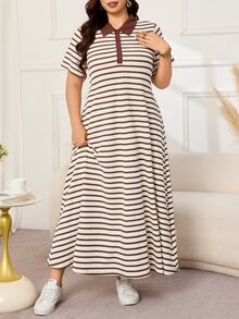 Lacomfia Gaun Panjang Wanita Ukuran Besar Kasual Elegan Model A-Line dengan Kerah, Lengan Pendek, Tekstur Rajut, Bergaris, dan Patchwork - Aprikot - View 7
