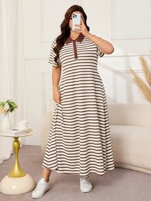 Lacomfia Gaun Panjang Wanita Ukuran Besar Kasual Elegan Model A-Line dengan Kerah, Lengan Pendek, Tekstur Rajut, Bergaris, dan Patchwork - Aprikot - View 5