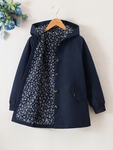 SHEIN 女童休闲时尚梭织纯色长袖连帽单排扣装饰口袋满印花卉衬里韩版百搭夹克 - 藏蓝色 - 查看 5