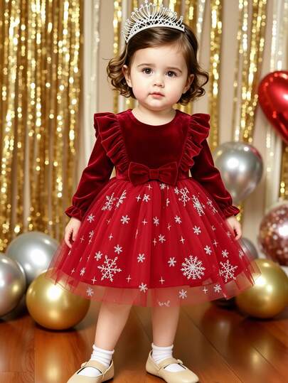 SHEIN Baby Girl Princess Dress, Christmas Children, New Year Dress, Red Tulle White Snowflake Print, Bow, Long Sleeve, Velvet Fabric, Birthday Party, Wedding Holiday Dress, Luxurious, Elegant, Cute
