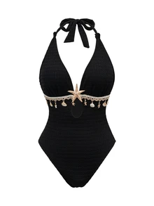 Swim Oasis 女士夏季纯色纹理面料随机贝壳和海星装饰连体泳衣带裙两件套 - 黑色 - 查看 5