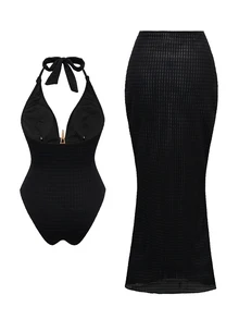 Swim Oasis 女士夏季纯色纹理面料随机贝壳和海星装饰连体泳衣带裙两件套 - 黑色 - 查看 3