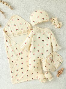 SHEIN 新生女嬰櫻桃套裝，包巾、帽子、手套、圍兜、髮帶連身衣，柔軟舒適面料，白色秋季可愛嬰兒洗禮禮物 - 黃色 - 查看 4