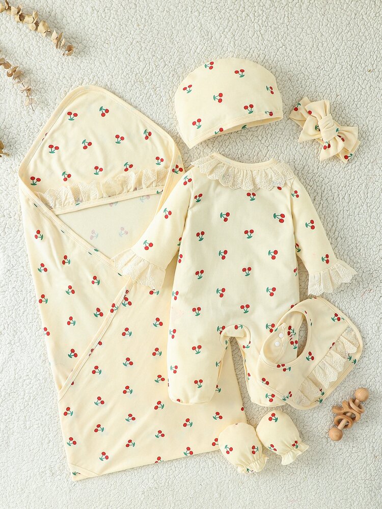 SHEIN Newborn Baby Girl Cherry Set, Swaddle, Hat, Gloves, Bib, Headband Romper, Soft Comfortable Fabric, Gift Baby Shower White Autumn Cute - Yellow - View 3