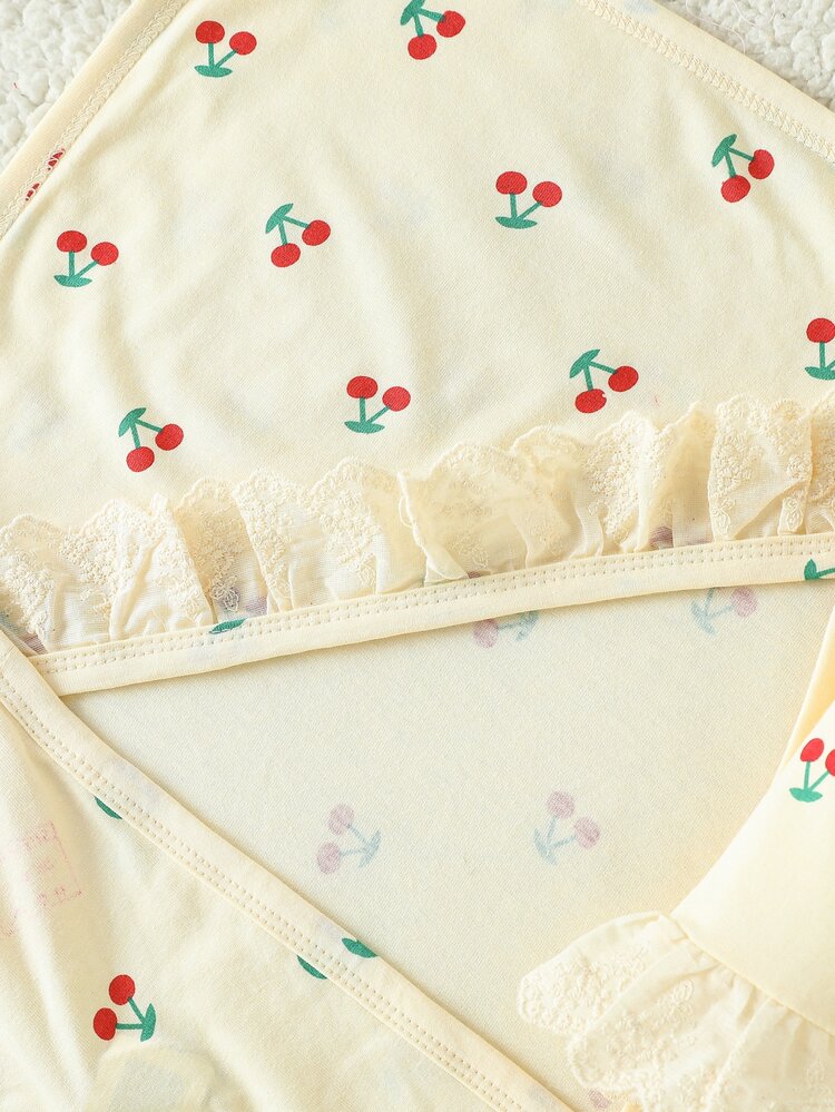SHEIN Newborn Baby Girl Cherry Set, Swaddle, Hat, Gloves, Bib, Headband Romper, Soft Comfortable Fabric, Gift Baby Shower White Autumn Cute - Yellow - View 5