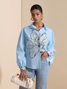 Balvessa All Season New Floral Pattern Digital Print Collared Regular Shoulder Long Sleeve Loose Fashion Casual Women's Shirt - Multicolor - View 3