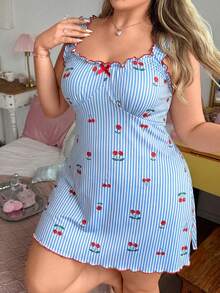 Slumberry CURVE Plus Size Sweet Casual Comfortable Knit Striped Cherry Print Ruffle Hem Nightgown - Blue - View 3