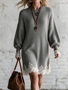 Omancia Guipure Lace Panel Drop Shoulder Sweater Dress - Grey - View 3