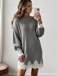 Omancia Guipure Lace Panel Drop Shoulder Sweater Dress - Grey - View 5