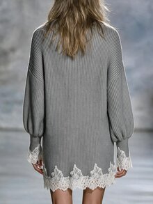 Omancia Guipure Lace Panel Drop Shoulder Sweater Dress - Grey - View 2