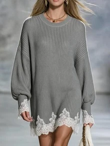 Omancia Guipure Lace Panel Drop Shoulder Sweater Dress - Grey - View 4