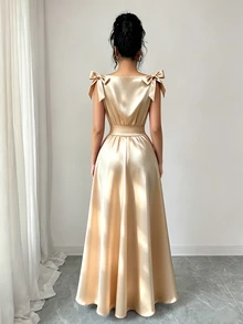 Elenzga 新款梭织无袖连衣裙，饰有蝴蝶结，优雅日常穿着中长连衣裙，女士之选 - 卡其色 - 查看 2