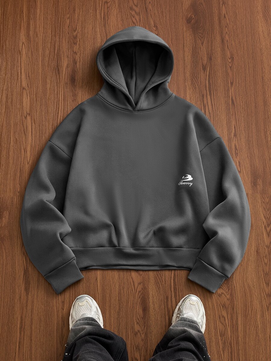 SWAVVY Men's Spring/Autumn Casual Standard Size Loose Fit Black Hoodie Sweatshirt With All-Over Print - Dark Grey - View 1