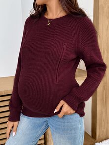 SHEIN Sweater Menyusui Kasual Chic untuk Ibu Hamil, Warna Polos, Musim Gugur/Dingin, Musim Gugur dan Musim Dingin, Pemotretan Bisnis Musim Gugur Warna Pink - Burgundy - View 3