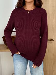 SHEIN Sweater Menyusui Kasual Chic untuk Ibu Hamil, Warna Polos, Musim Gugur/Dingin, Musim Gugur dan Musim Dingin, Pemotretan Bisnis Musim Gugur Warna Pink - Burgundy - View 6