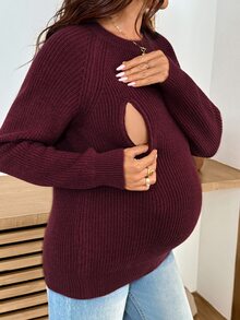 SHEIN Sweater Menyusui Kasual Chic untuk Ibu Hamil, Warna Polos, Musim Gugur/Dingin, Musim Gugur dan Musim Dingin, Pemotretan Bisnis Musim Gugur Warna Pink - Burgundy - View 2