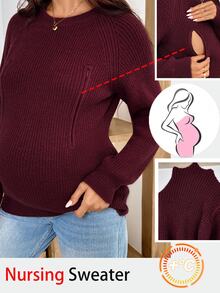 SHEIN Sweater Menyusui Kasual Chic untuk Ibu Hamil, Warna Polos, Musim Gugur/Dingin, Musim Gugur dan Musim Dingin, Pemotretan Bisnis Musim Gugur Warna Pink - Burgundy - View 1