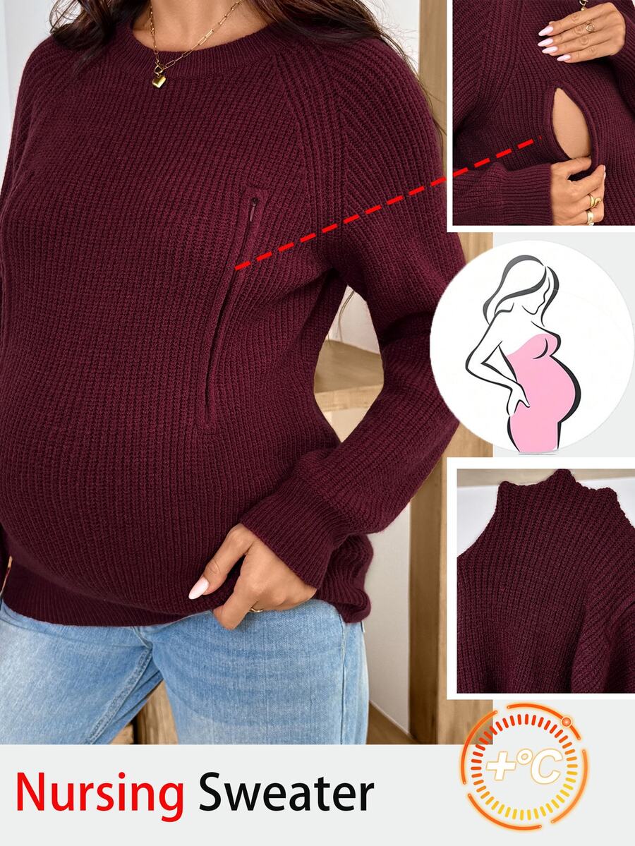 SHEIN Sweater Menyusui Kasual Chic untuk Ibu Hamil, Warna Polos, Musim Gugur/Dingin, Musim Gugur dan Musim Dingin, Pemotretan Bisnis Musim Gugur Warna Pink - Burgundy - View 1