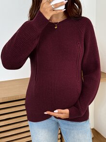 SHEIN Sweater Menyusui Kasual Chic untuk Ibu Hamil, Warna Polos, Musim Gugur/Dingin, Musim Gugur dan Musim Dingin, Pemotretan Bisnis Musim Gugur Warna Pink - Burgundy - View 4