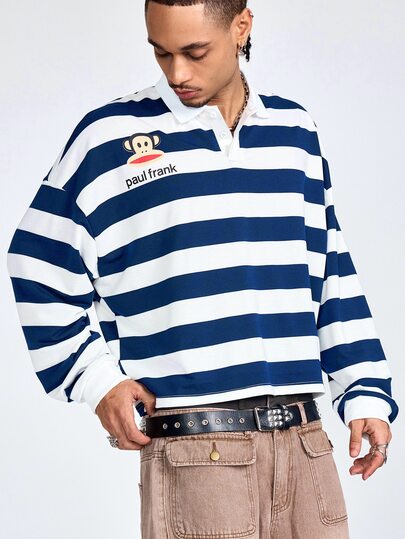 Paul Frank X ROMWE Herren gestreiftes Farbblock Lässig Alltagspolo-Shirt