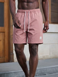 Mainfolk Men's Loose Fit Letter Patched Drawstring Shorts - Coral Pink - View 1