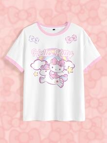 HELLO KITTY AND FRIENDS | SHEIN تي شيرت نسائي صيفي كاجوال بطبعة كرتونية - أبيض - مشاهدة 7