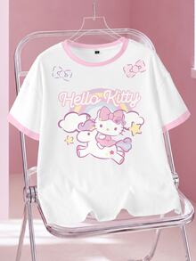 HELLO KITTY AND FRIENDS | SHEIN تي شيرت نسائي صيفي كاجوال بطبعة كرتونية - أبيض - مشاهدة 1