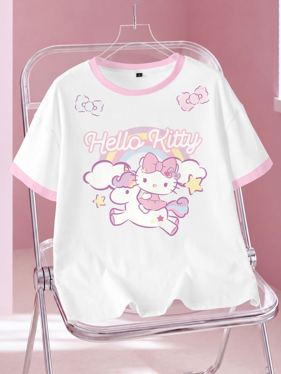 HELLO KITTY AND FRIENDS | SHEIN تي شيرت نسائي صيفي كاجوال بطبعة كرتونية - أبيض - مشاهدة 1