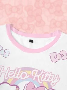 HELLO KITTY AND FRIENDS | SHEIN تي شيرت نسائي صيفي كاجوال بطبعة كرتونية - أبيض - مشاهدة 3