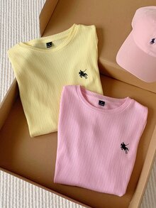 Comfortcana 2件裝 春季返校學院風長袖羅紋針織上衣，適合校園穿著，馬刺繡設計，粉色系 - 彩色 - 查看 7