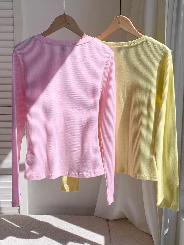 Comfortcana 2pcs Spring Back To School Preppy Long Sleeve Rib-Knit Tops For Campus With Horse Embroidery In Past - Multicolor - View 2